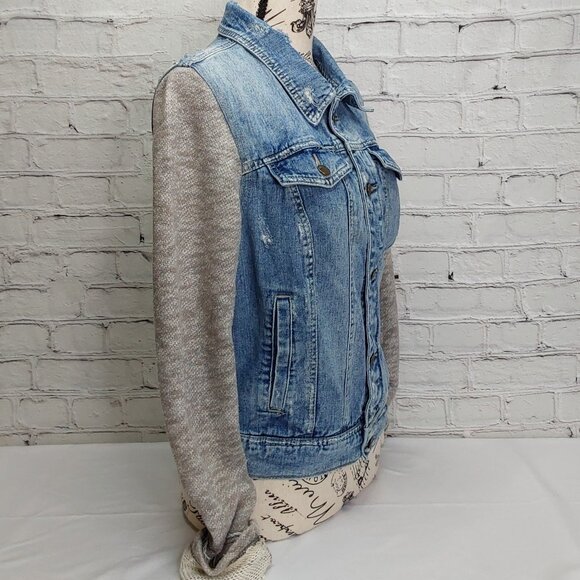 'FREE PEOPLE' DISTRESSED DENIM JACKET TEXTURE SLEEVE VINTAGE - Picture 2 of 16